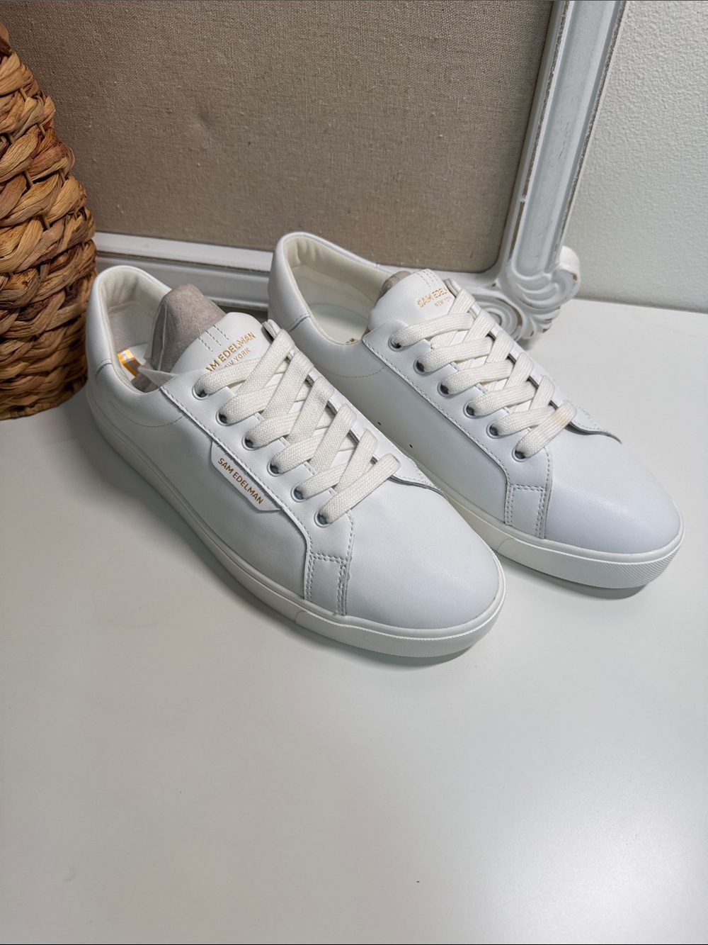 Sam Edelman White Leather Low-Top Sneakers with Gold Nameplate